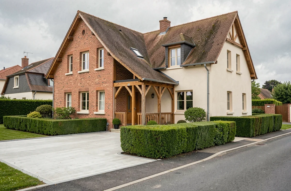 Maison de constructeur Ericlor avec façade brique et enduit et porche bois dans un quartier résidentiel d'Indre-et-Loire