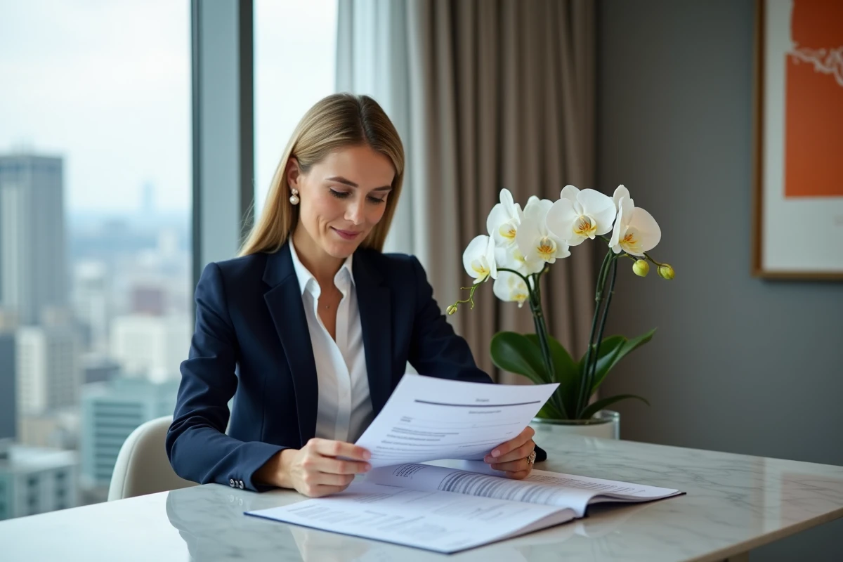 Femme élégante consultant une estimation immobilière haut de gamme dans un appartement de luxe avec vue sur la ville