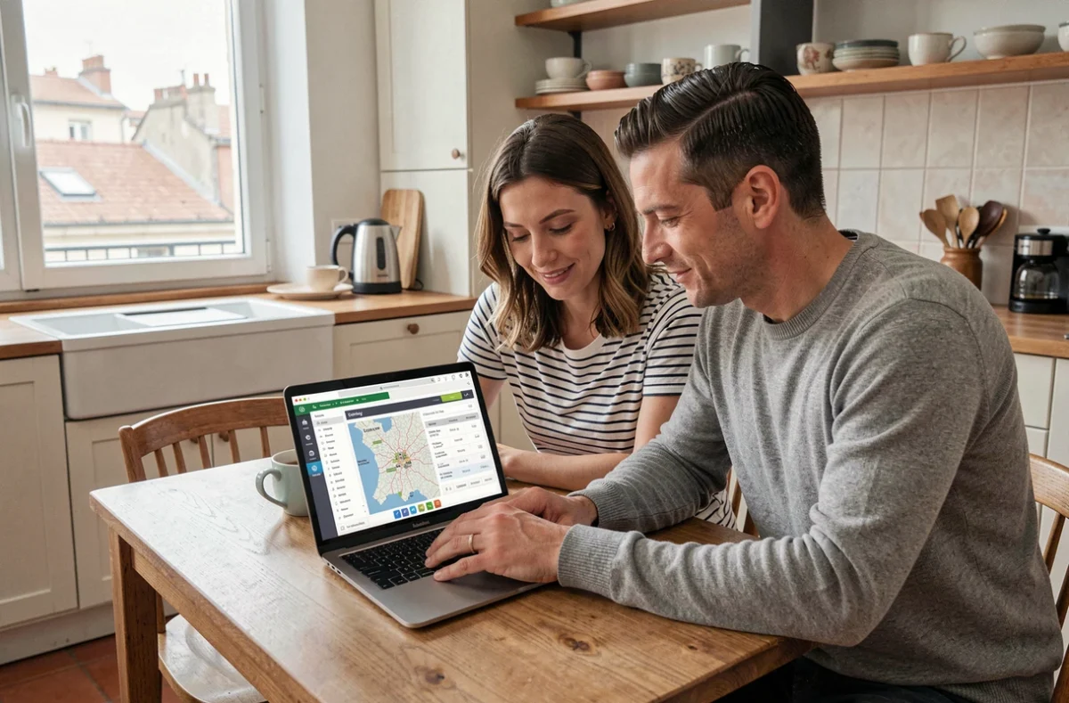 Couple consultant un outil d'estimation de loyer à Lyon sur un ordinateur portable dans une cuisine moderne