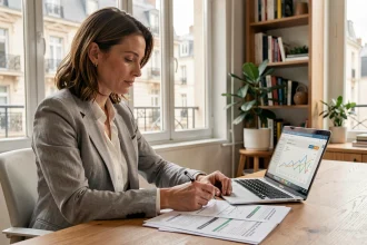 Femme consultant une estimation de loyer en ligne à Lyon sur ordinateur portable dans un bureau à domicile moderne