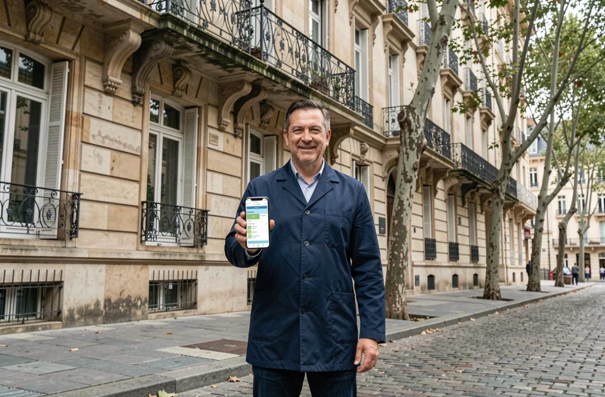 Homme consultant une estimation de loyer sur smartphone devant un immeuble lyonnais typique en pierre
