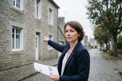 Agent immobilier estimant le prix d'une maison en pierre bretonne à Brest lors d'une visite d'évaluation