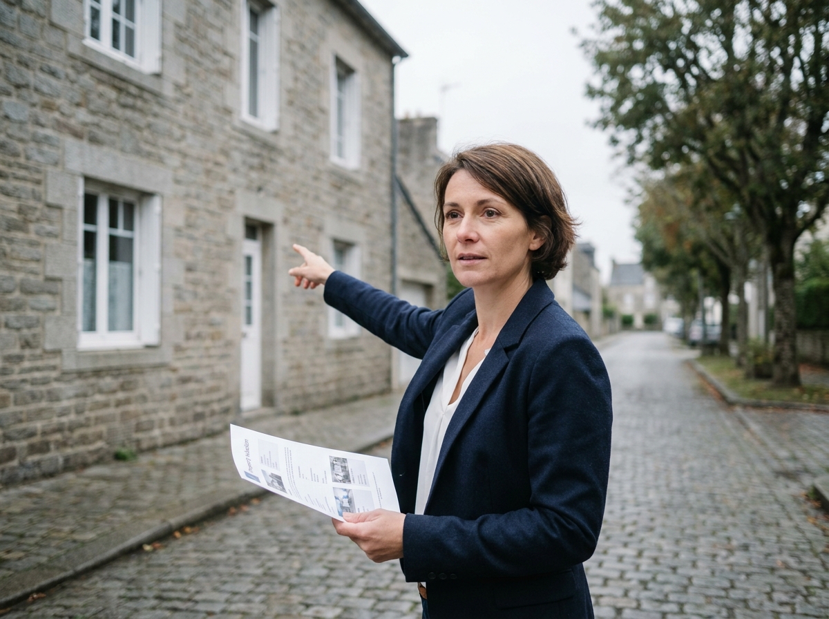 Agent immobilier estimant le prix d'une maison en pierre bretonne à Brest lors d'une visite d'évaluation