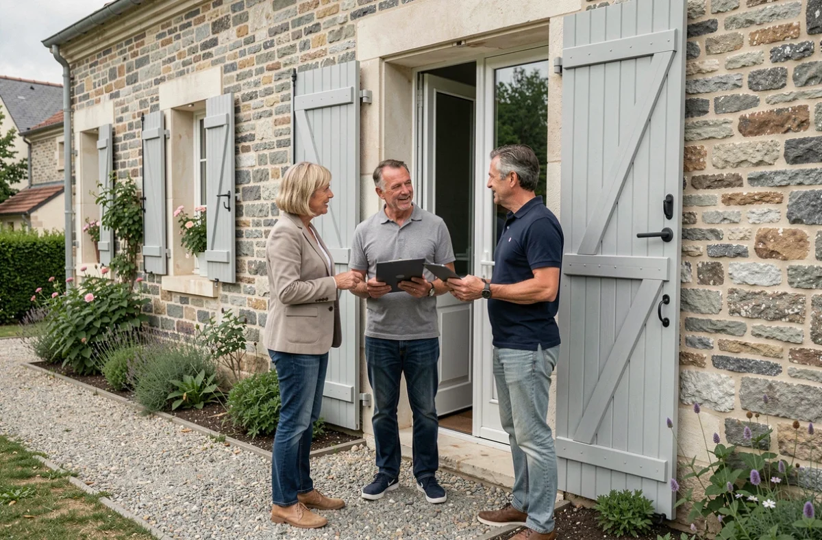 Couple recevant un expert en assurance habitation devant leur maison pavillonnaire en France