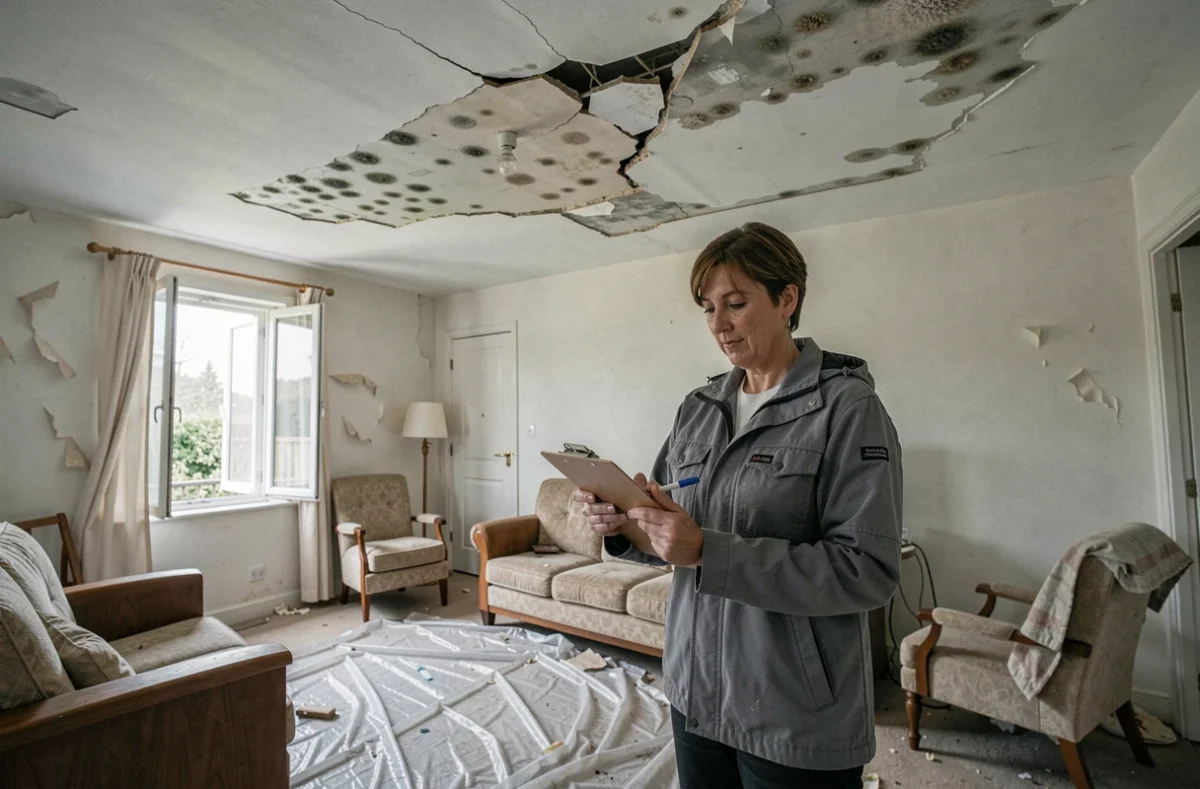 Expert en bâtiment inspectant les dégâts au plafond d'une habitation lors d'une contre-expertise assurance