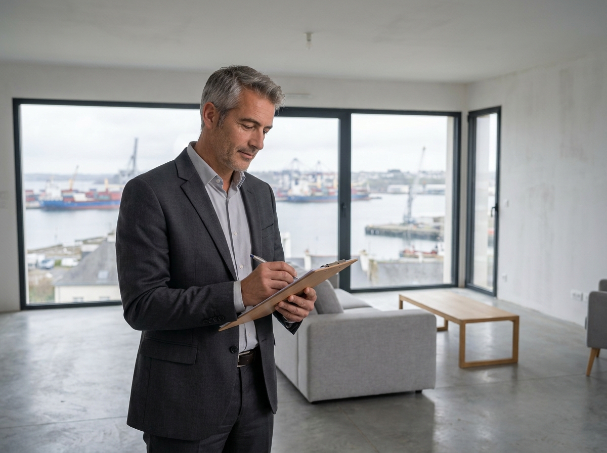 Expert immobilier évaluant un appartement rénové à Brest avec vue sur la rade pour en déterminer la juste valeur marchande