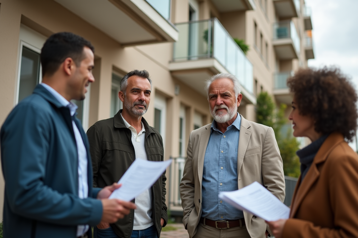 Façade d'un immeuble résidentiel en journée avec résidents discutant
