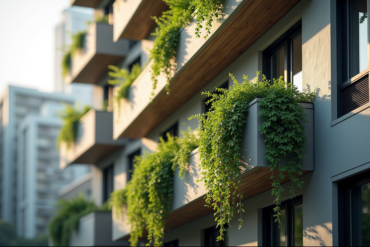 Façade d un immeuble urbain avec plantes et ombres nettes