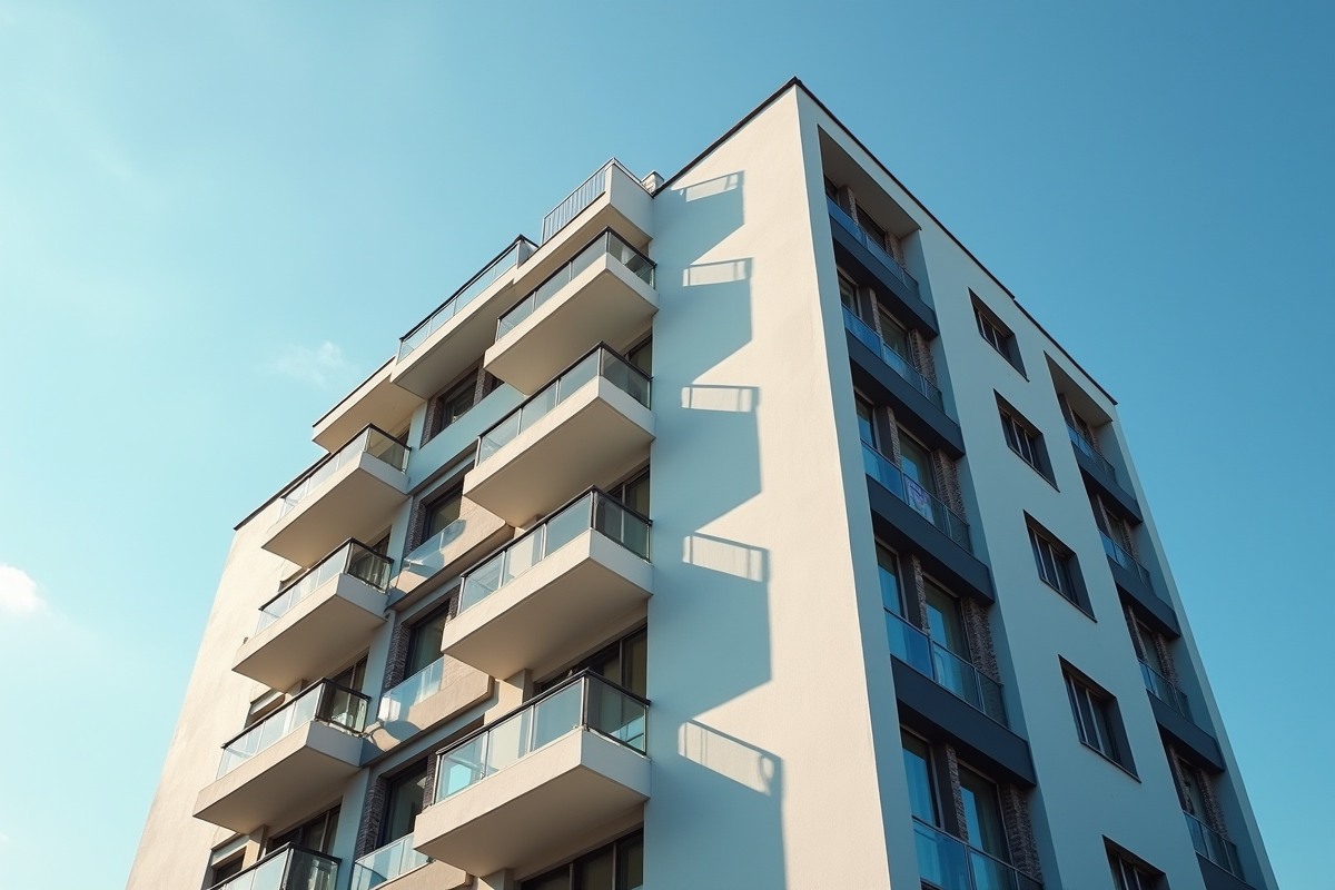 Façade d un immeuble moderne ensoleillé avec balcon et fenêtres