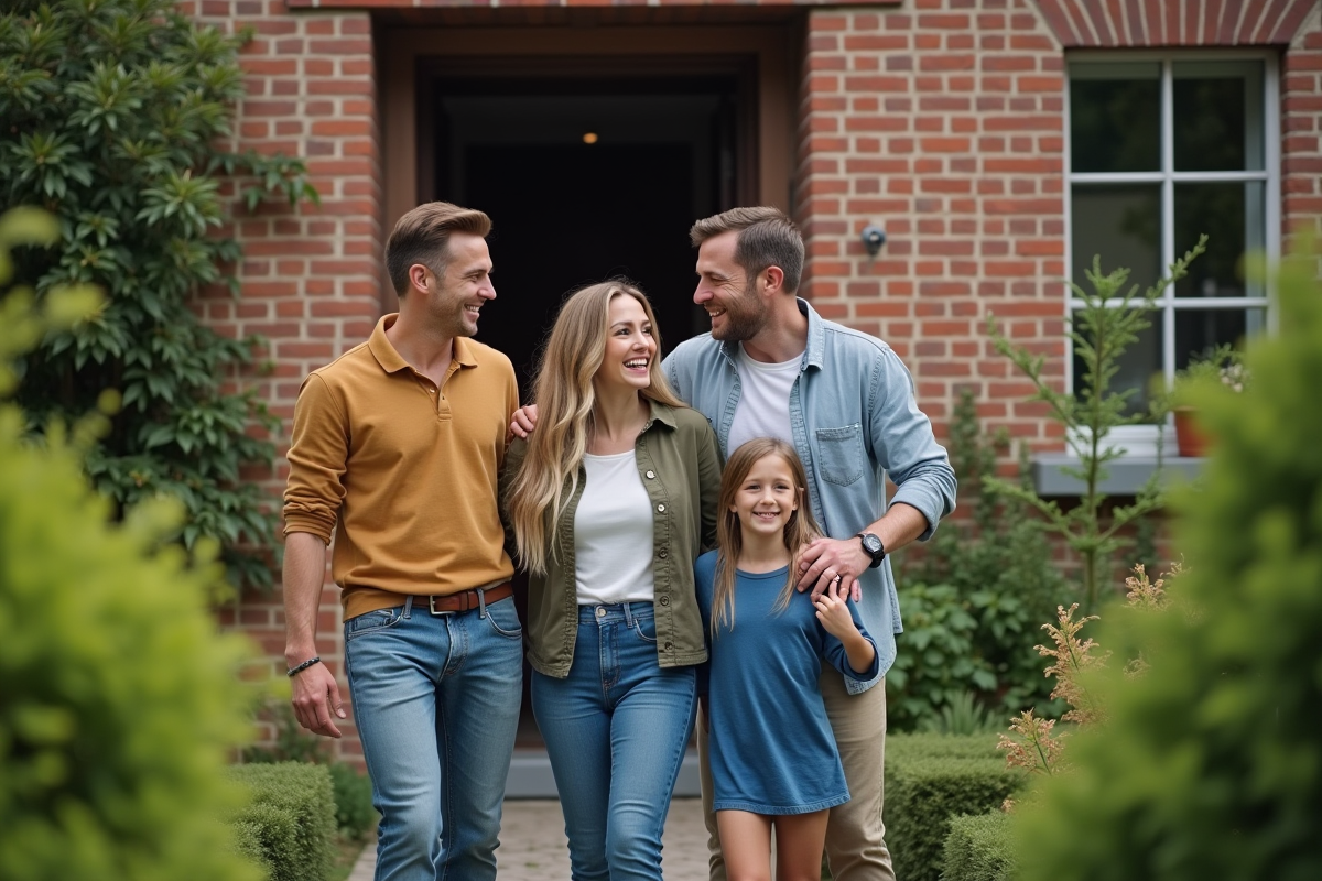 Famille belge accueillante devant une maison en briques avec jardin