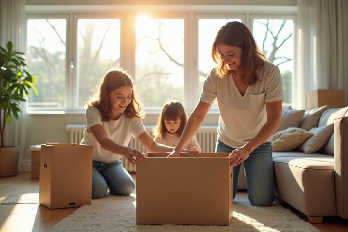 Famille organisant des cartons dans un salon lumineux