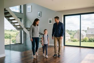 Famille heureuse dans une maison moderne neuve