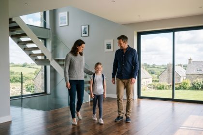 Famille heureuse dans une maison moderne neuve