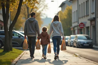Famille se promenant dans un quartier résidentiel de Chambéry avec des enfants en sécurité