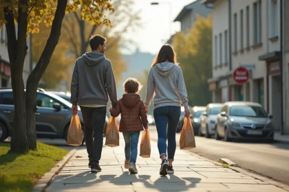 Famille se promenant dans un quartier résidentiel de Chambéry avec des enfants en sécurité