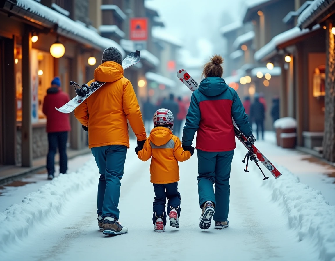 Famille avec des skis marchant dans la rue commerçante de La Croisette aux Menuires avec école de ski en arrière-plan