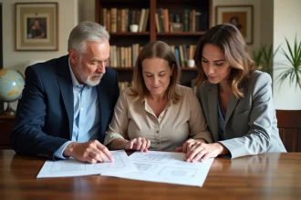 Famille réunie autour d'une table pour signer des documents de transmission immobilière via une SCI familiale