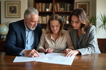 Famille réunie autour d'une table pour signer des documents de transmission immobilière via une SCI familiale