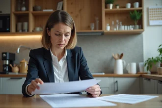 Femme d affaires examinant des documents immobiliers dans une cuisine moderne