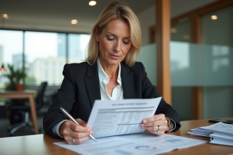 Femme d'affaires analysant un relevé de pret immobilier