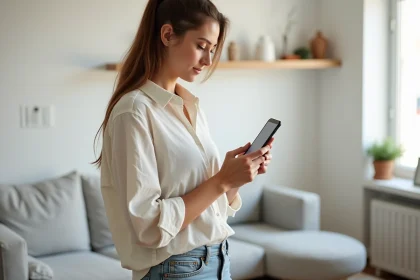 Femme utilisant l'application mobile de décoration intérieure raffinement-et-habitat.fr dans un salon scandinave minimaliste