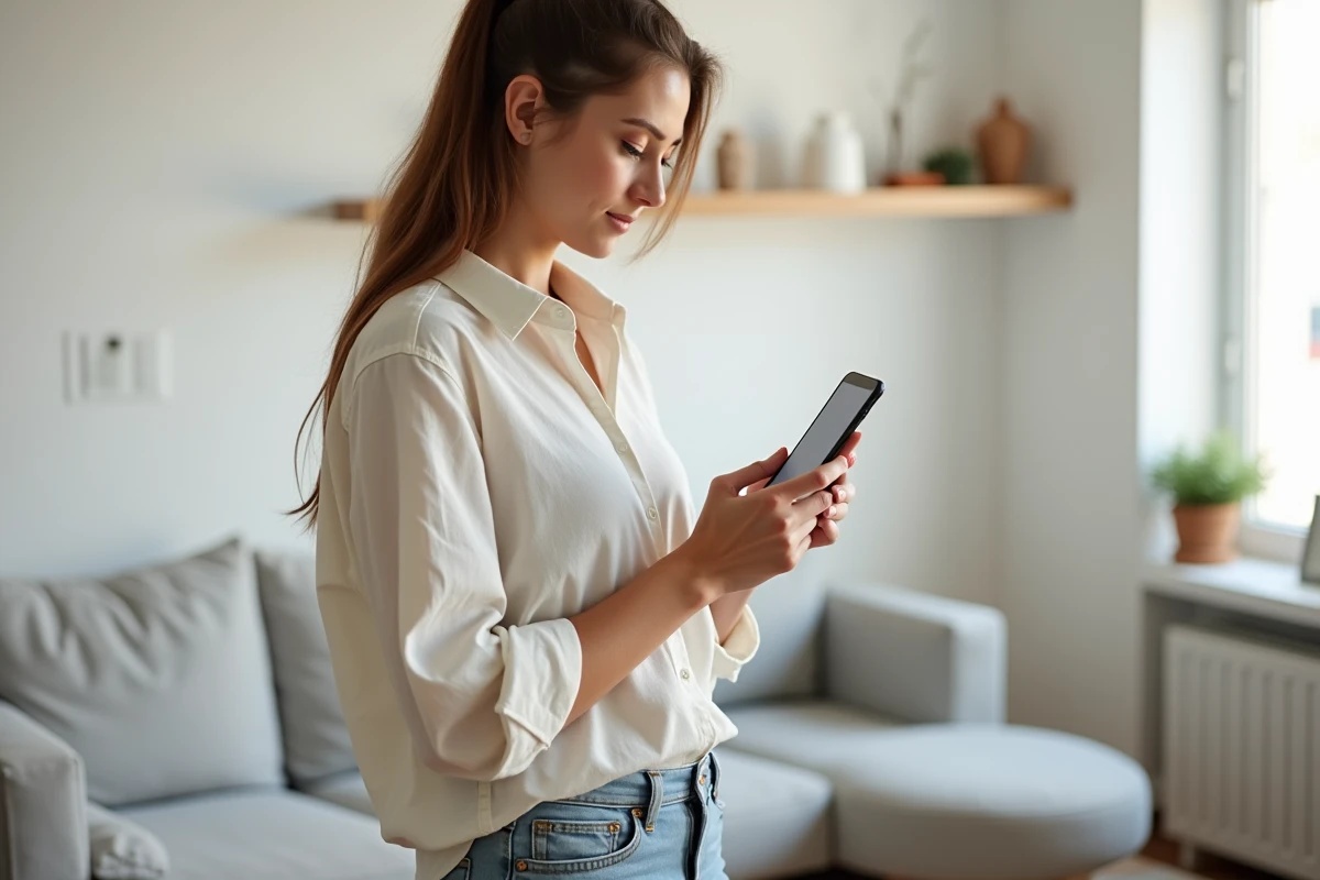 Femme utilisant l'application mobile de décoration intérieure raffinement-et-habitat.fr dans un salon scandinave minimaliste