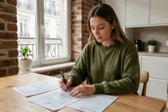 Femme consultant des documents d'assurance habitation dans un appartement moderne à Cachan