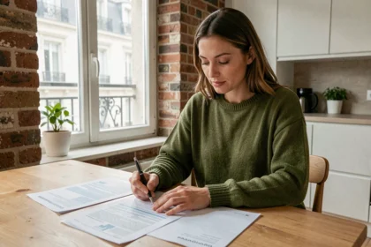 Femme consultant des documents d'assurance habitation dans un appartement moderne à Cachan