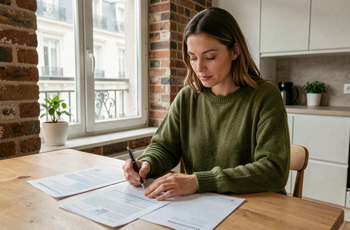 Femme consultant des documents d'assurance habitation dans un appartement moderne à Cachan