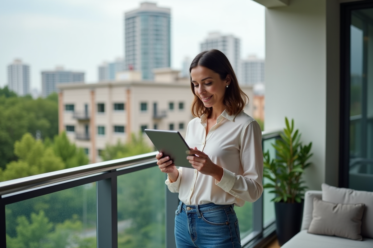 Femme sur un balcon vérifiant des données immobilières