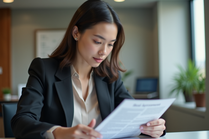 Femme professionnelle examinant un contrat de location au bureau