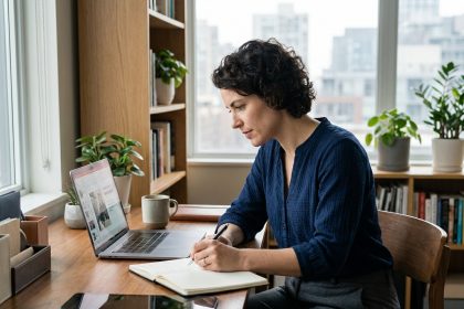 Femme concentrée travaillant à son bureau à domicile