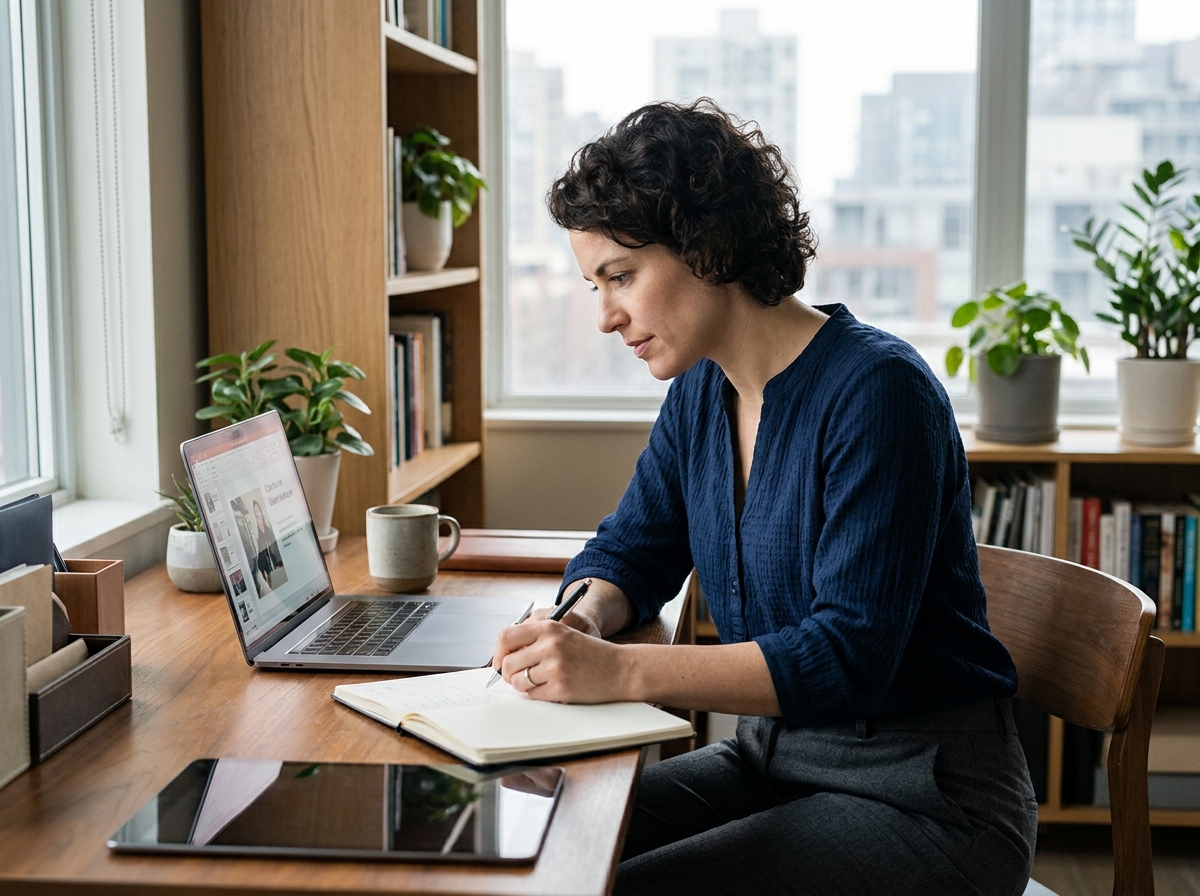 Femme concentrée travaillant à son bureau à domicile