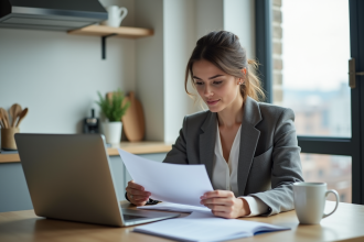 Femme en tenue professionnelle dans une cuisine moderne