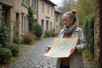 Femme regardant une carte dans une rue calme d'Aix Villemaur