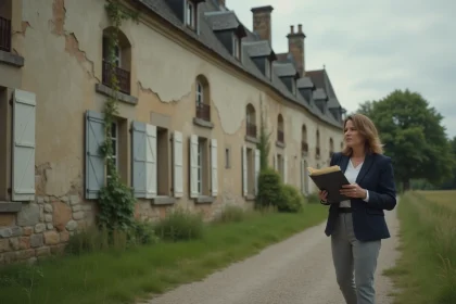 Femme d'&acirc;ge moyen devant un ch&acirc;teau abandonn&eacute; en France