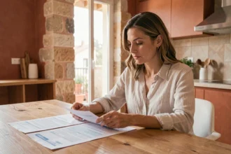 Femme comparant des contrats d'assurance habitation à Montpellier dans un appartement moderne au décor méditerranéen