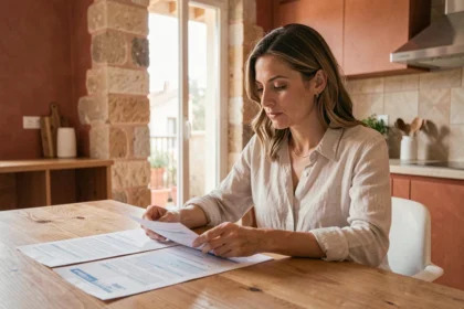 Femme comparant des contrats d'assurance habitation à Montpellier dans un appartement moderne au décor méditerranéen