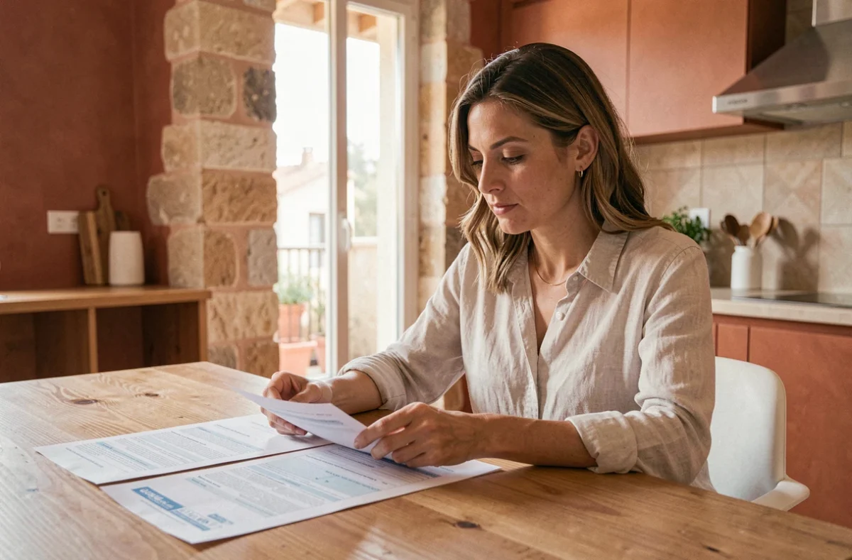 Femme comparant des contrats d'assurance habitation à Montpellier dans un appartement moderne au décor méditerranéen