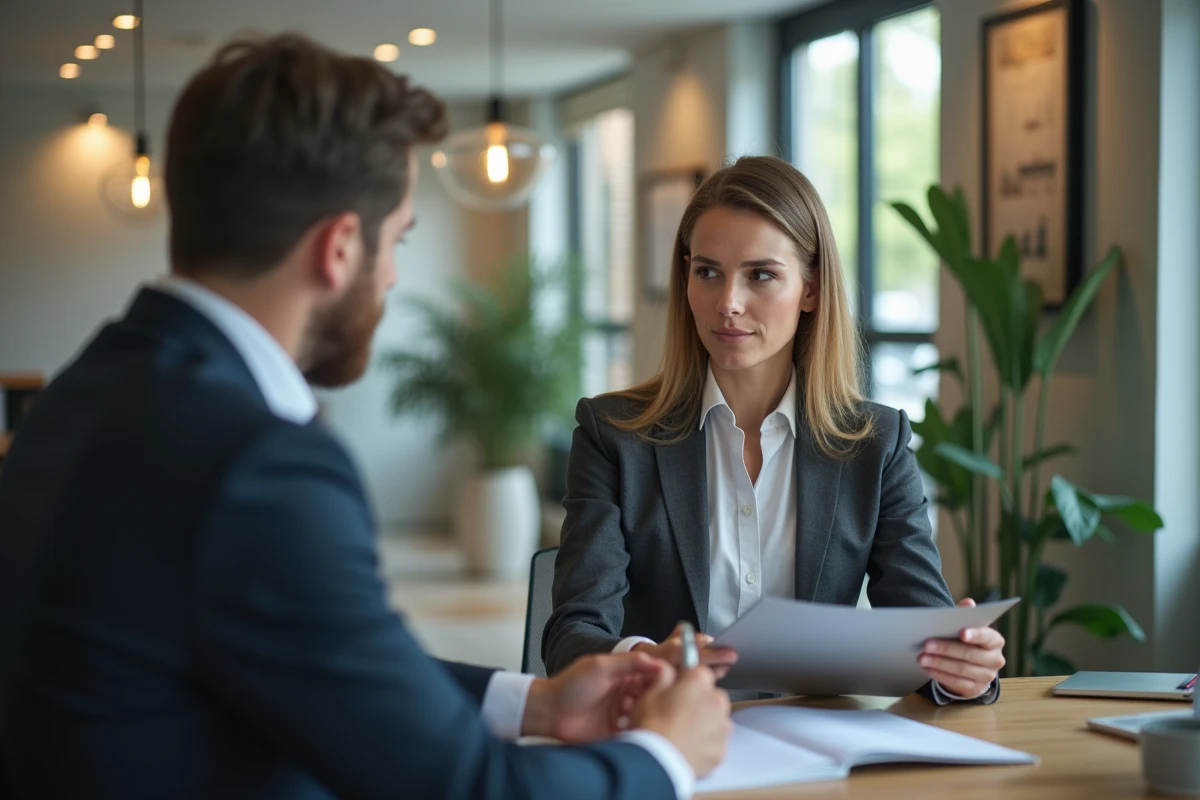 Femme en discussion avec conseiller bancaire dans une agence