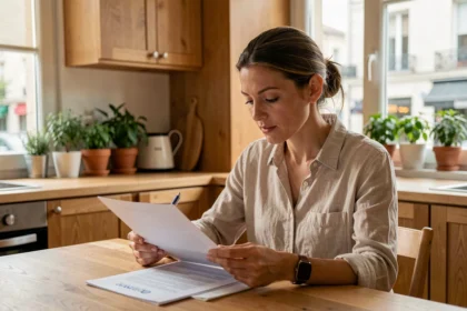 Femme consultant son contrat d'assurance habitation à la table de cuisine d'un appartement moderne