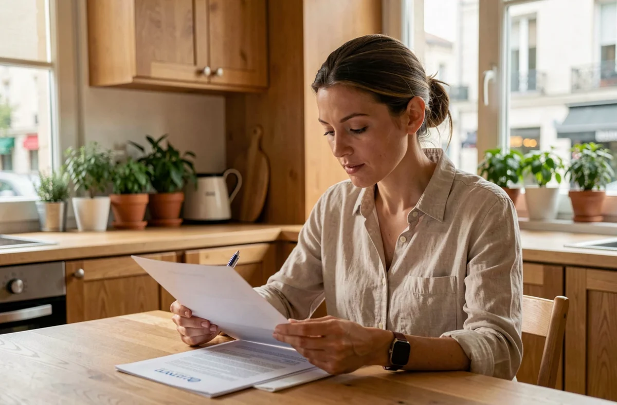 Femme consultant son contrat d'assurance habitation à la table de cuisine d'un appartement moderne