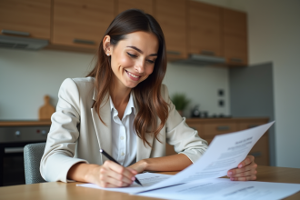 Femme professionnelle examine un contrat de location dans un appartement lumineux
