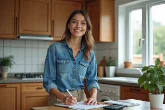 Jeune femme en cuisine prenant des notes avec calculatrice
