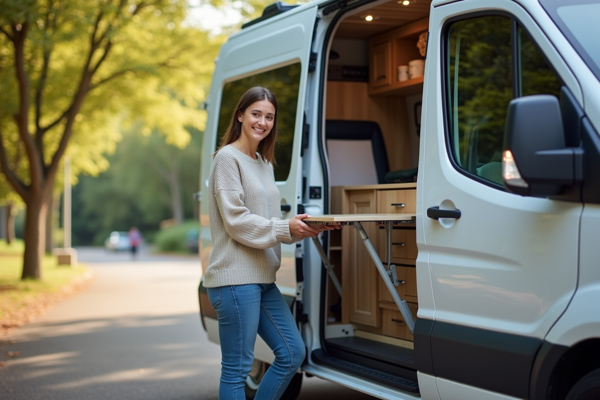 Femme déployant une table dans une camionnette