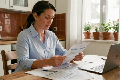 Femme consultant des documents d'assurance habitation sur une table en bois dans une cuisine moderne