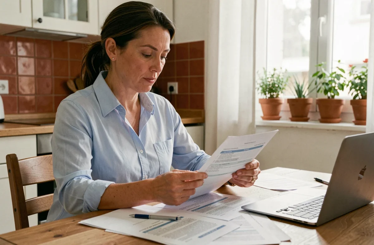 Femme consultant des documents d'assurance habitation sur une table en bois dans une cuisine moderne