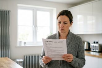 Femme consultant un diagnostic de performance énergétique dans sa cuisine moderne avec radiateur visible
