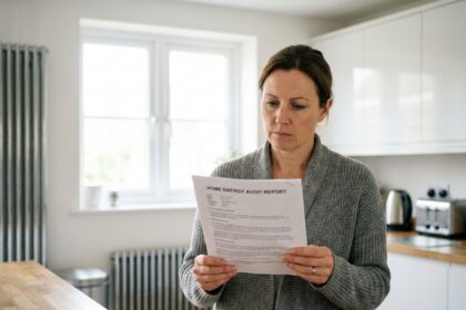 Femme consultant un diagnostic de performance énergétique dans sa cuisine moderne avec radiateur visible