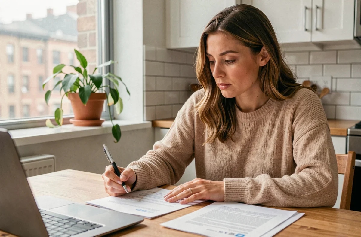 Femme consultant des documents d'assurance habitation dans une cuisine moderne d'appartement urbain